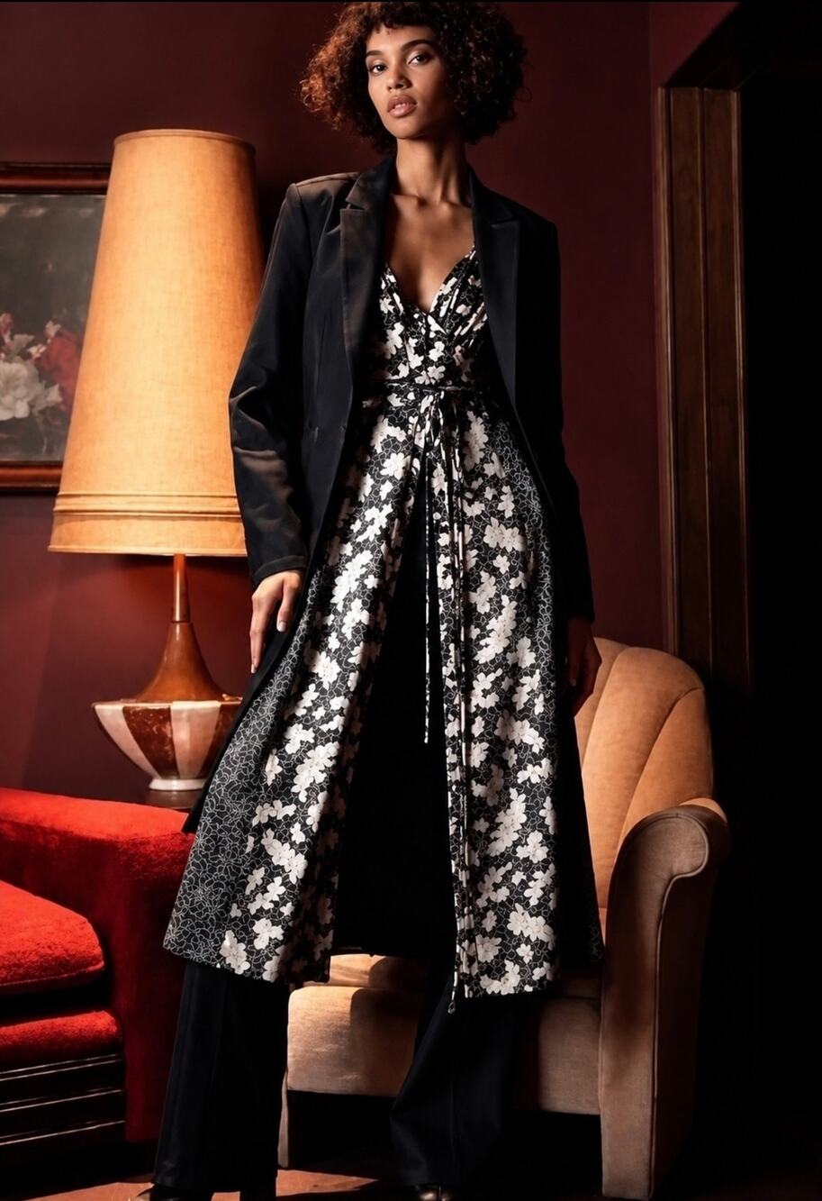 Cinq a Sept Long Sleeve Jessica Midi Satin Mixed Print Dress Size 4
